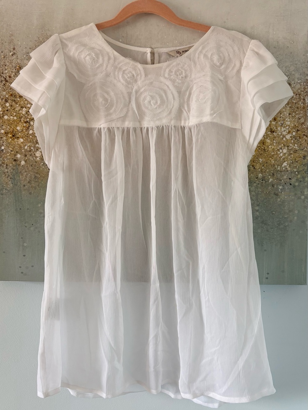 BCBG White Sheer Embroidered Flutter Sleeve Top (NWOT)